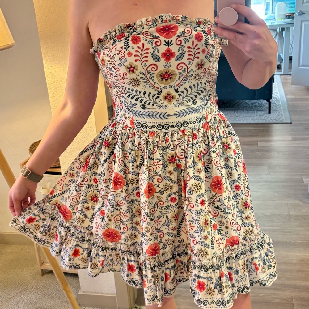 Anthropologie Maeve Strapless Embroidered Fit & Flare Mini Dress Floral Boho